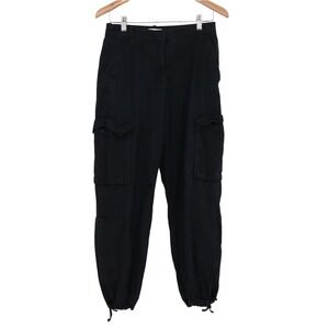 HM Womens Black Cotton Cargo Pants High Rise Utility Jogger Ankle Tie Size 4